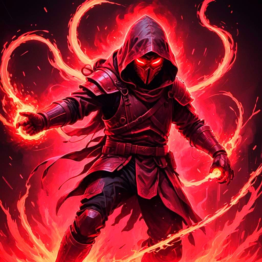 Monochromatic Red Warrior Conjures Fire in Synthwave Style