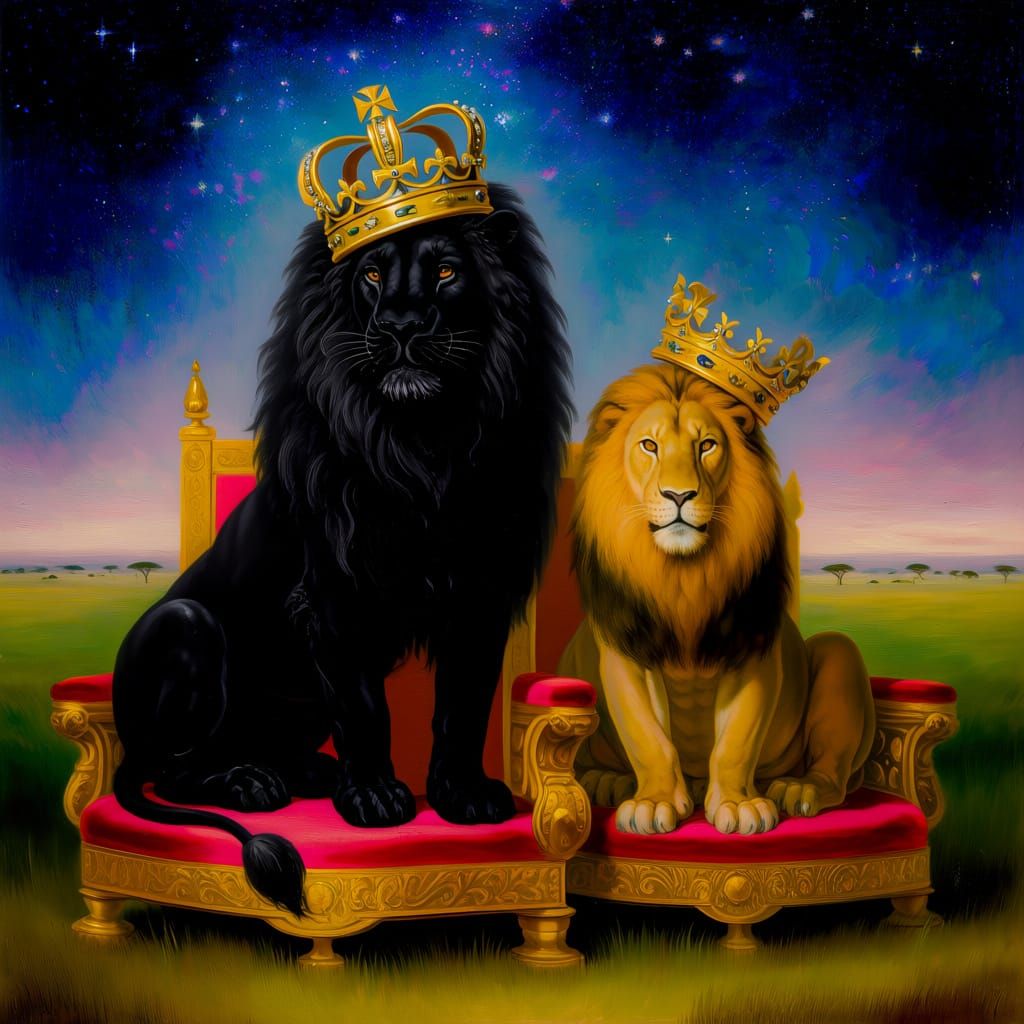 Regal Black Lion King and Queen on Throne