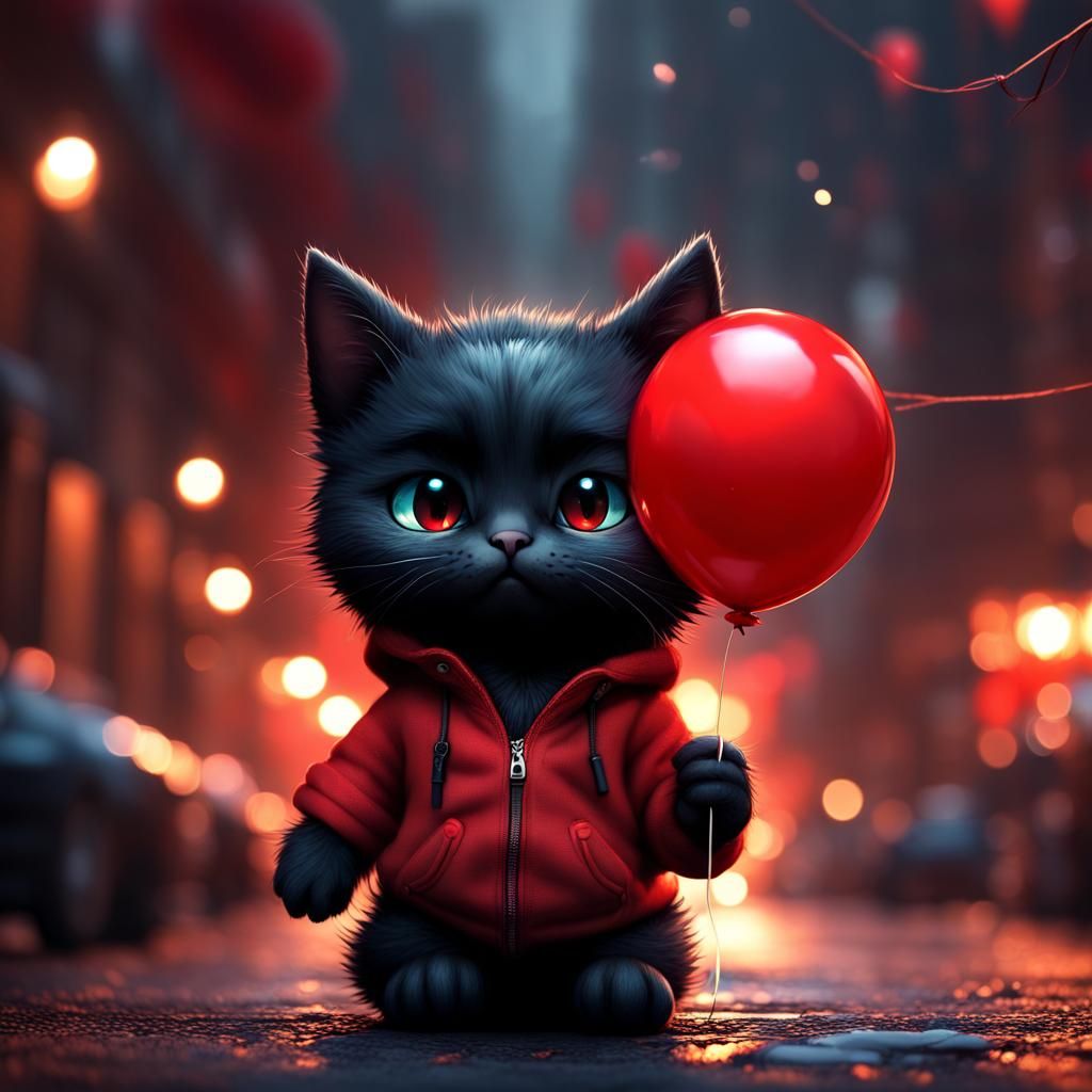 Chibi Cat with Balloon in Street Scene