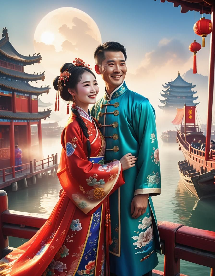 Romantic Chinese Couple in Qing Dynasty Style