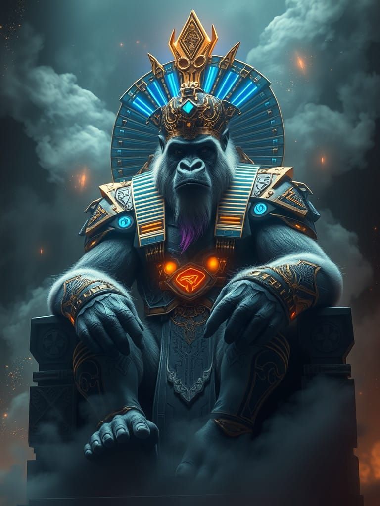 Majestic Cyberpunk Gorilla King on Throne