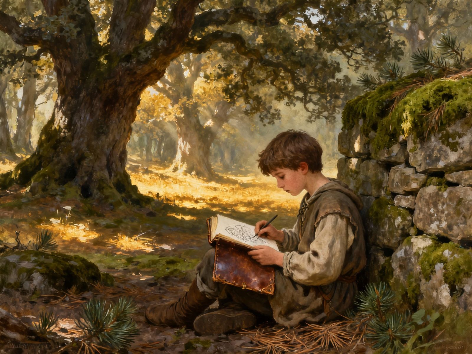 Medieval Boy Sketches in Sun-Dappled Forest