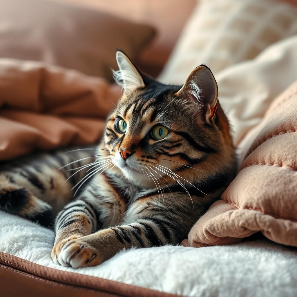 Realistic Tabby Cat Lounging on Plush Bed