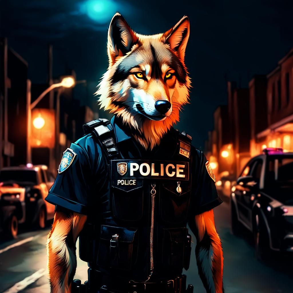 Confident Furry Wolf Police Officer Illuminated in Neon City...