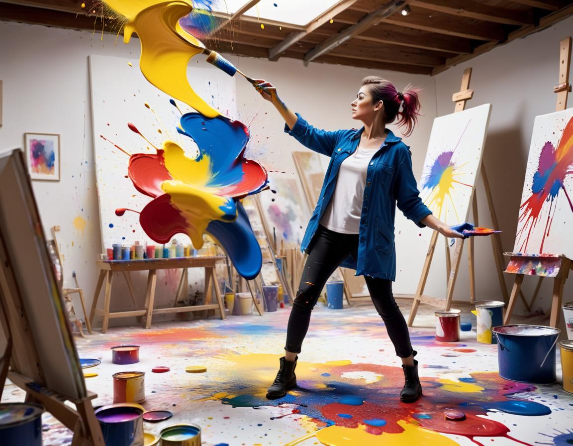 Eccentric Artist Throwing Paint in Cartoon Style