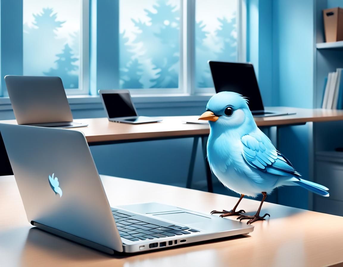 Airbrush Illustration of Light Blue Bird on Laptop