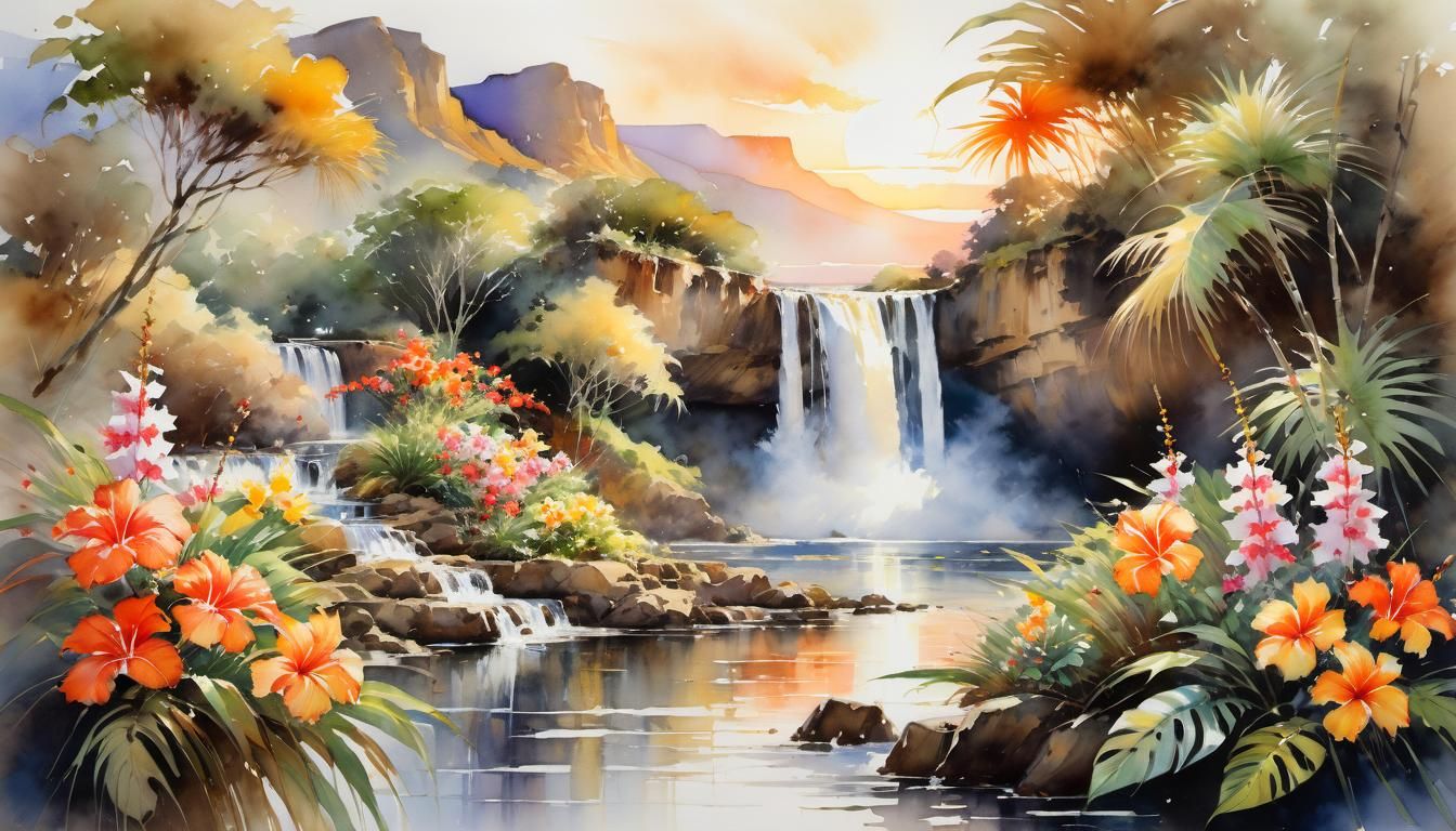 Tropical Waterfall Sunset: A Vintage Watercolour Painting