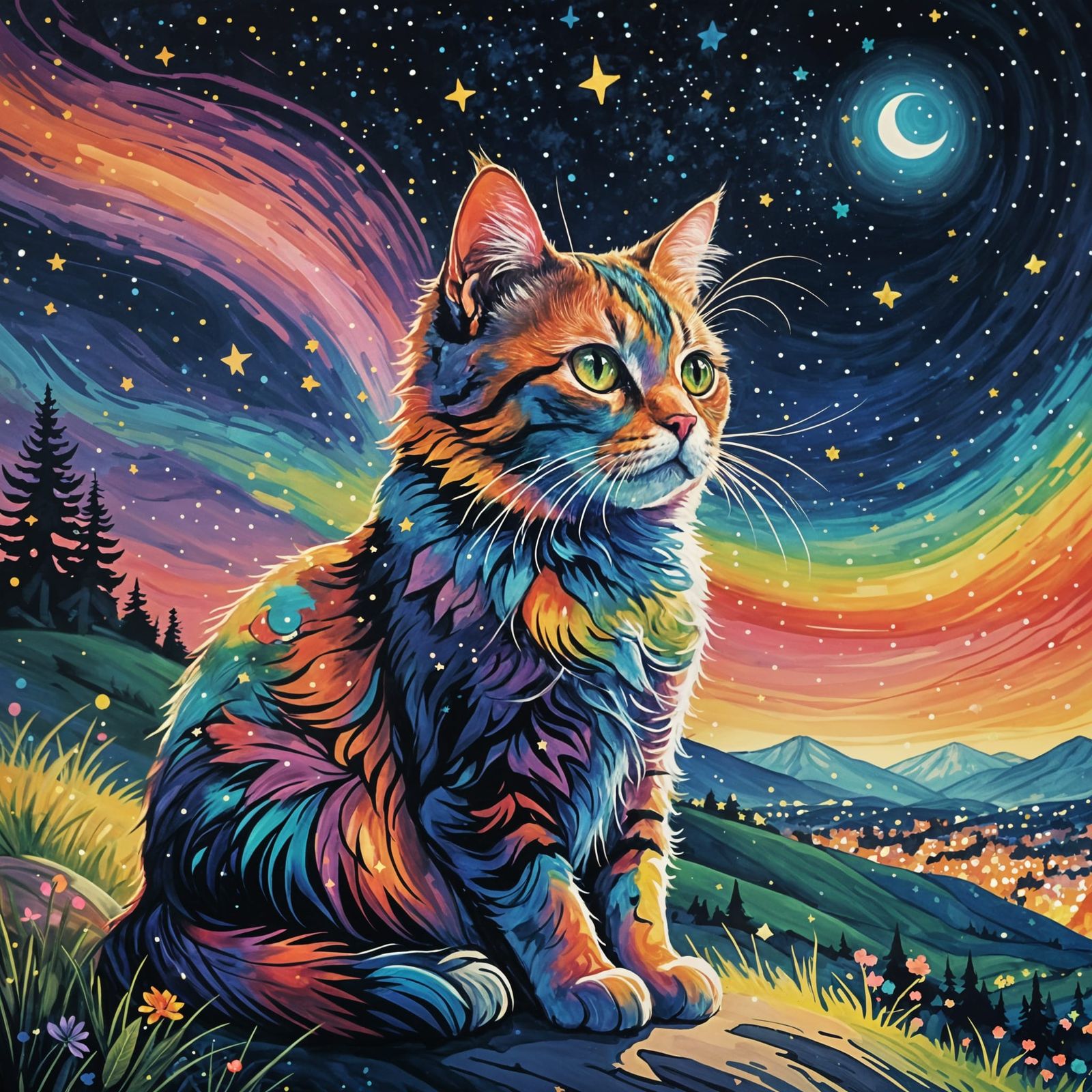 Rainbow Cat Gazing at the Stars