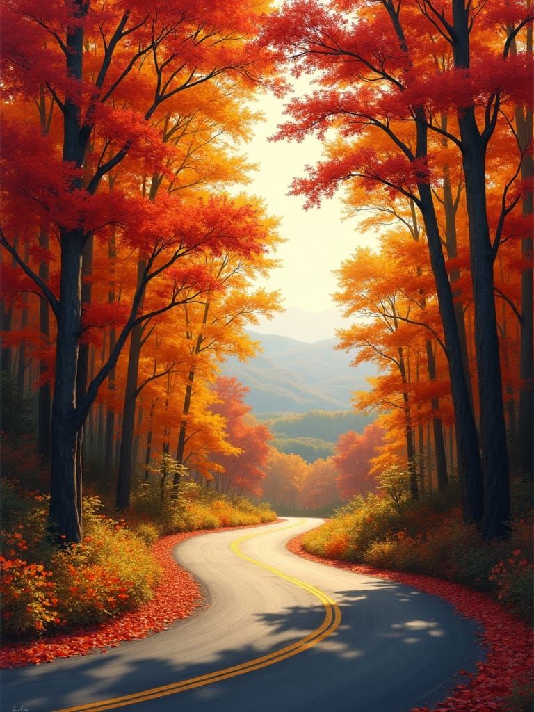 Autumn Road Through Forest Landscape Painting