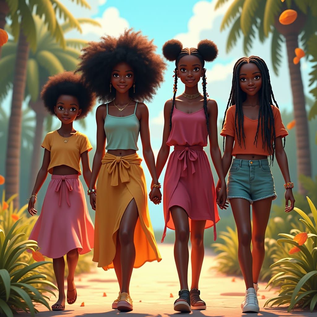 Fantasy Art of Four Black Teenage Girls Walking