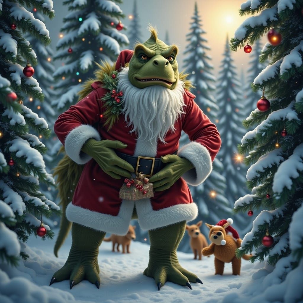 Majestic Winter Wonderland Scene with Santa Dinosaur in a Ma...