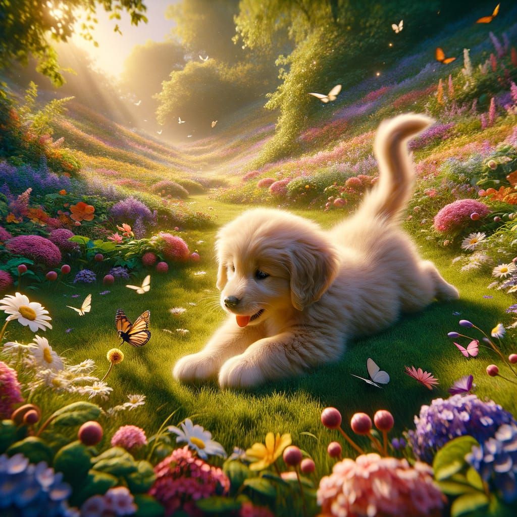 Golden Retriever Puppy's Joyful Spring Meadow Playtime