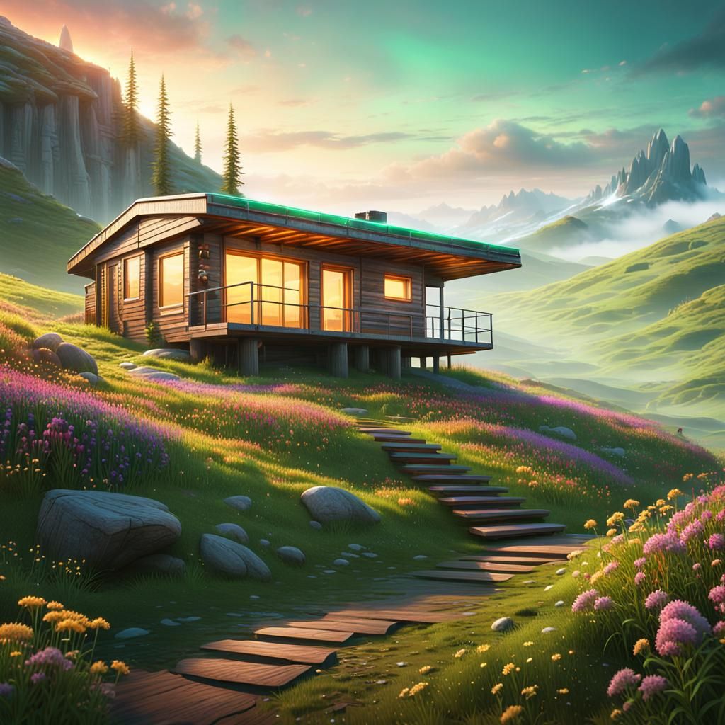 Futuristic Cabin on Hill in Sci-Fi Landscape