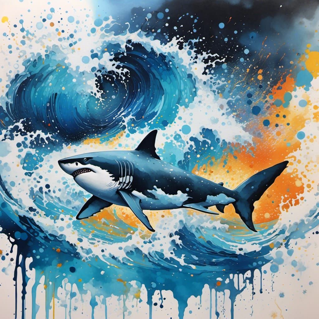 Great White Shark in Swirling Blue Sea: Watercolour