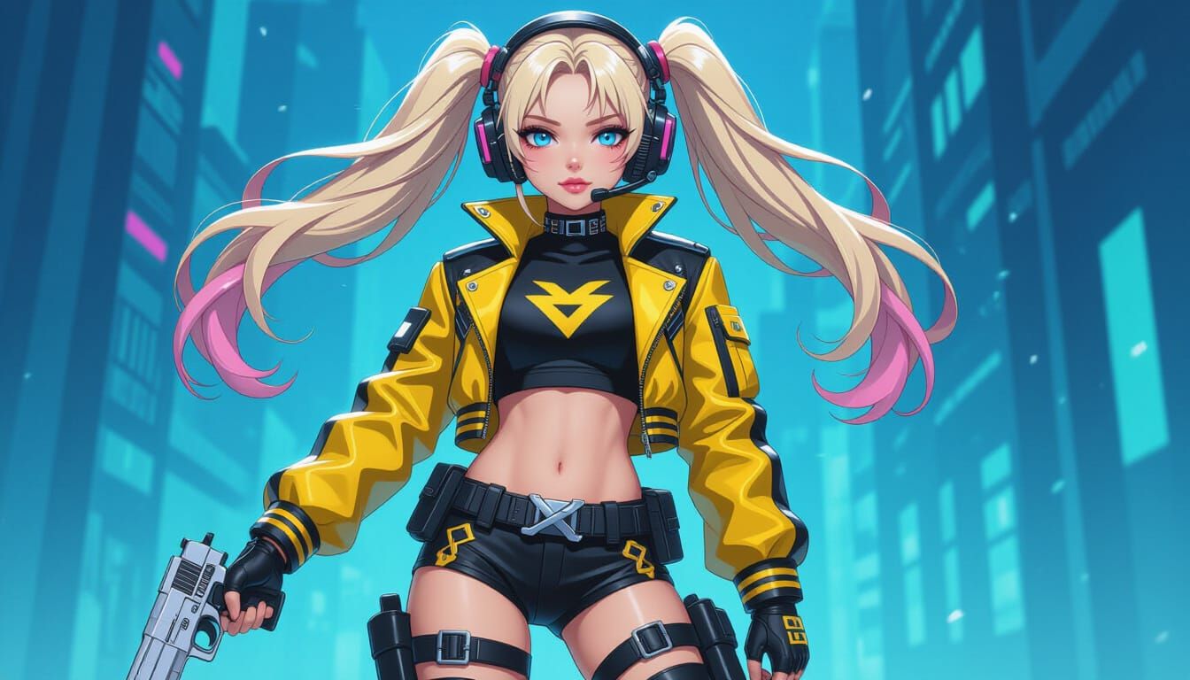 Cyberpunk Anime Girl with Cybernetic Gear and Pistol