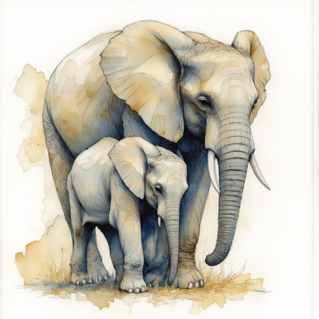 Baby Elephant Snuggles Mama in Watercolor Wash
