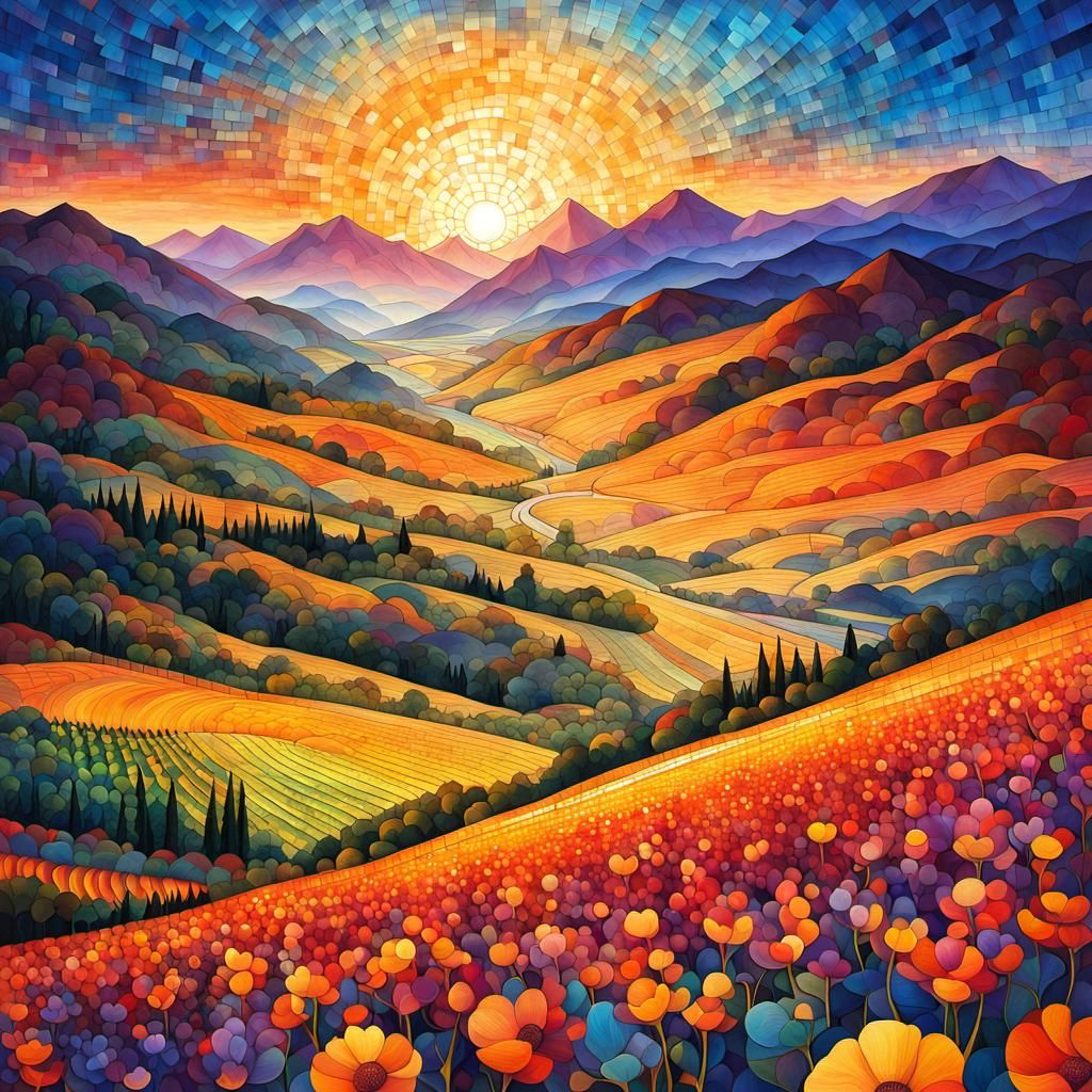 Colorful Mosaic Landscape with Vineyard and Sunset