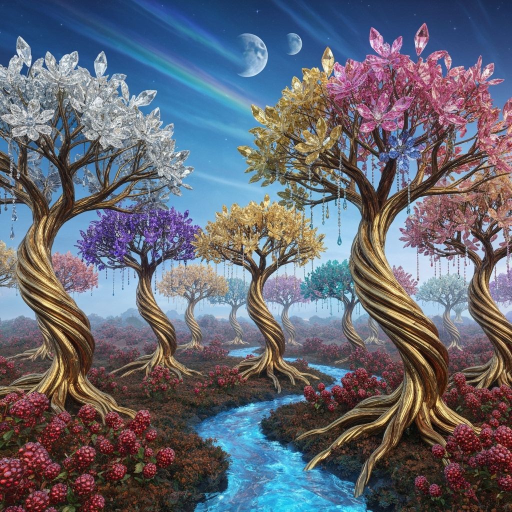 Golden Wire Trees with Crystal Flowers in Hyperrealistic Cla...