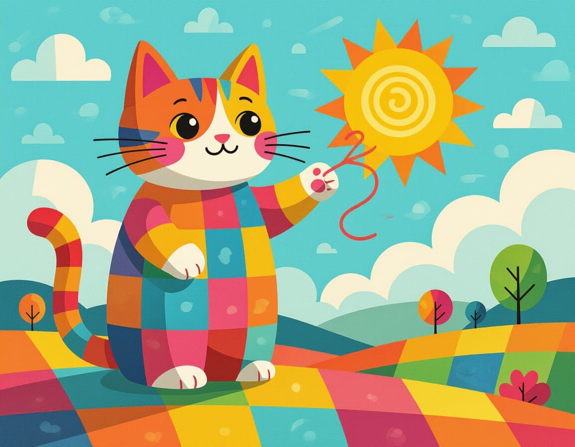 Giant Patchwork Cat Plays with the Sun