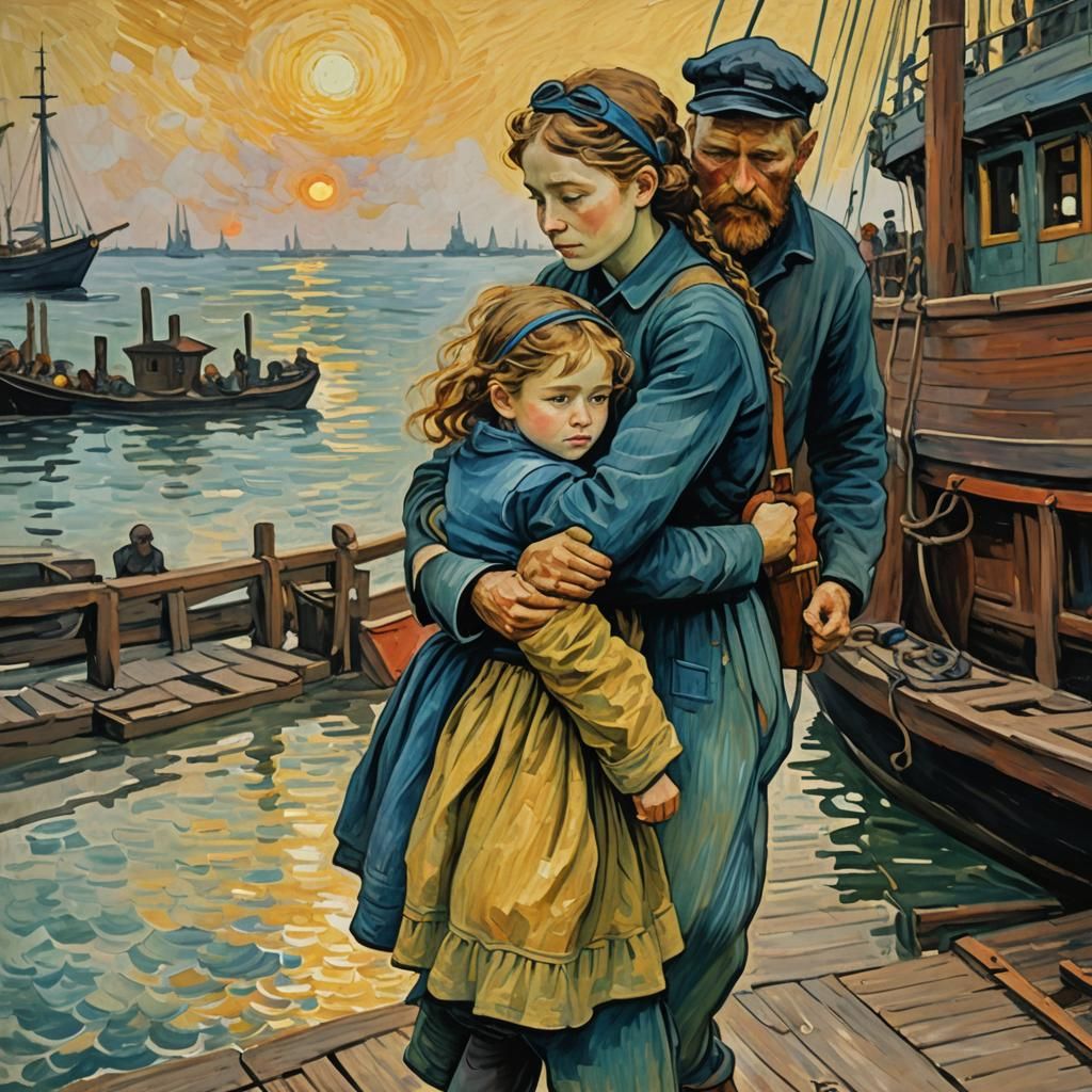 Impressionist Gouache: Child's Farewell Embrace on Ship