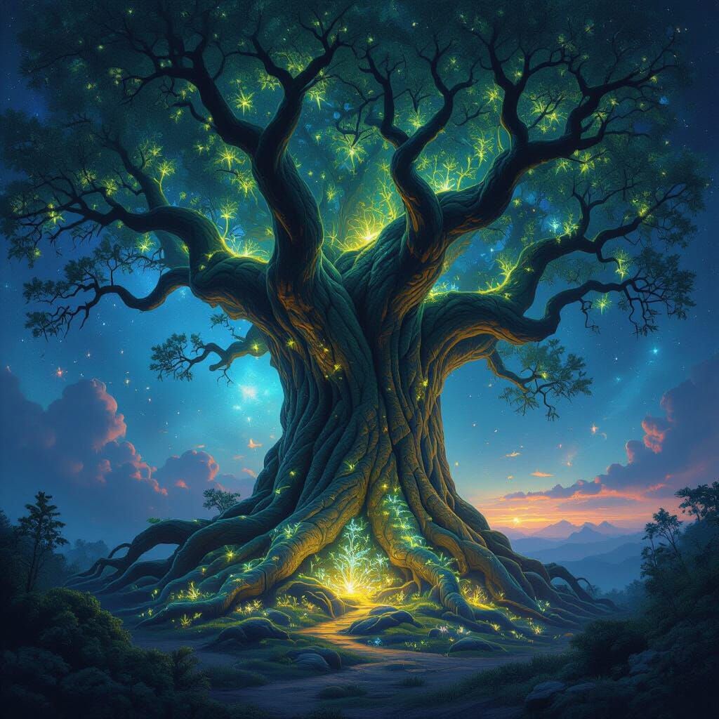 Ancient Glowing Tree in Nebula Sky - Fantasy Art