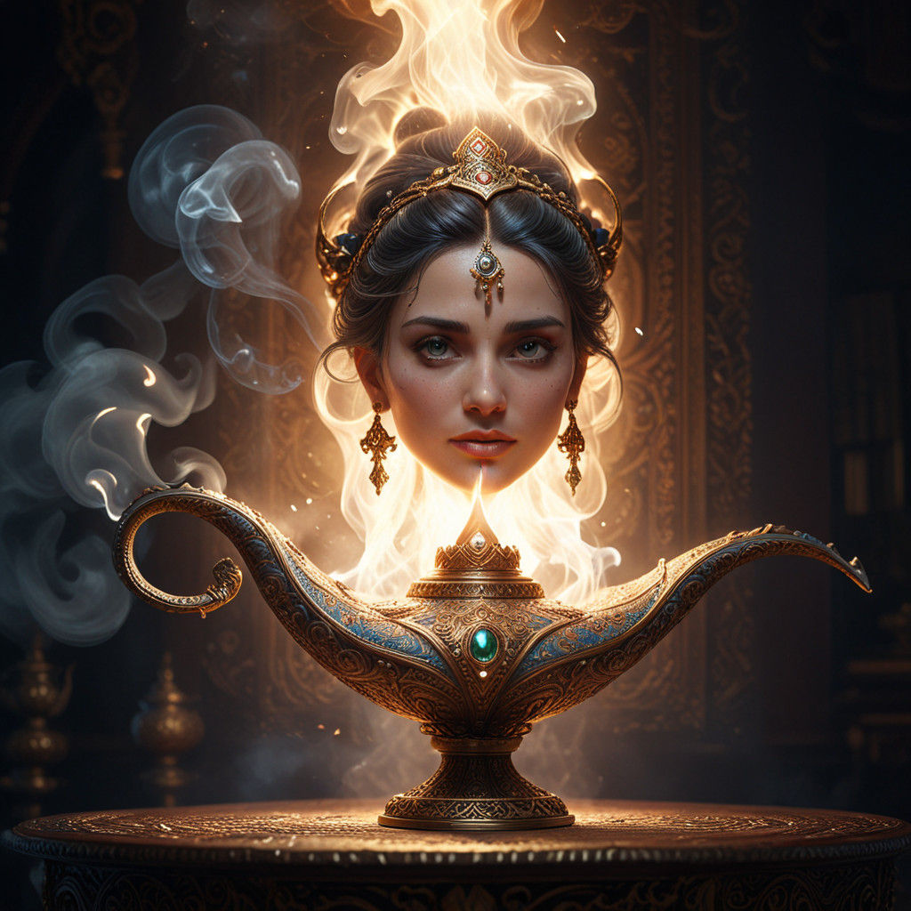 Majestic Female Genie Emerges from Golden Lamp in Stunning H...