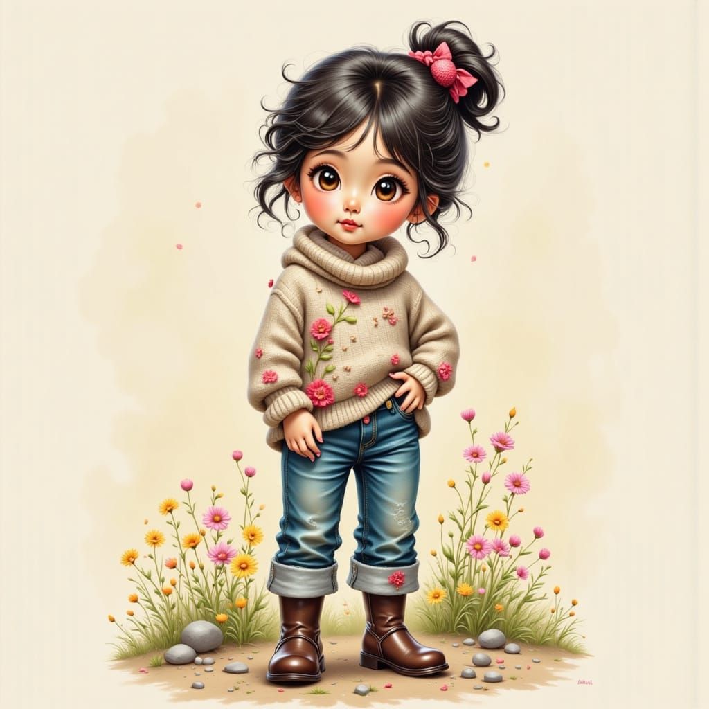 Whimsical Girl in Oversized Sweater and Boots