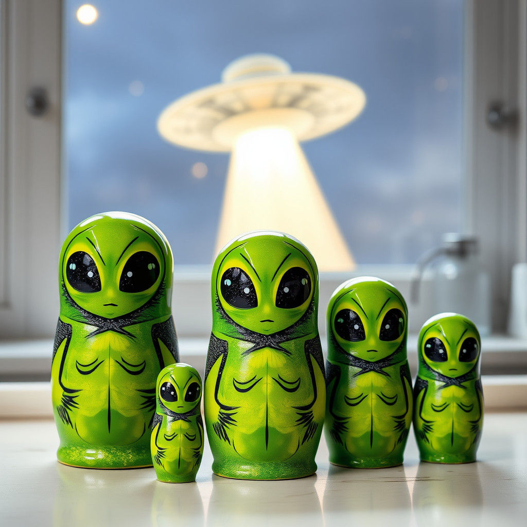 Green Alien Matryoshka Nesting Dolls with UFO