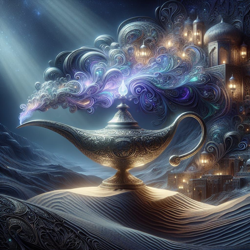 Mystical Arabian Lamp in Desert City at Night