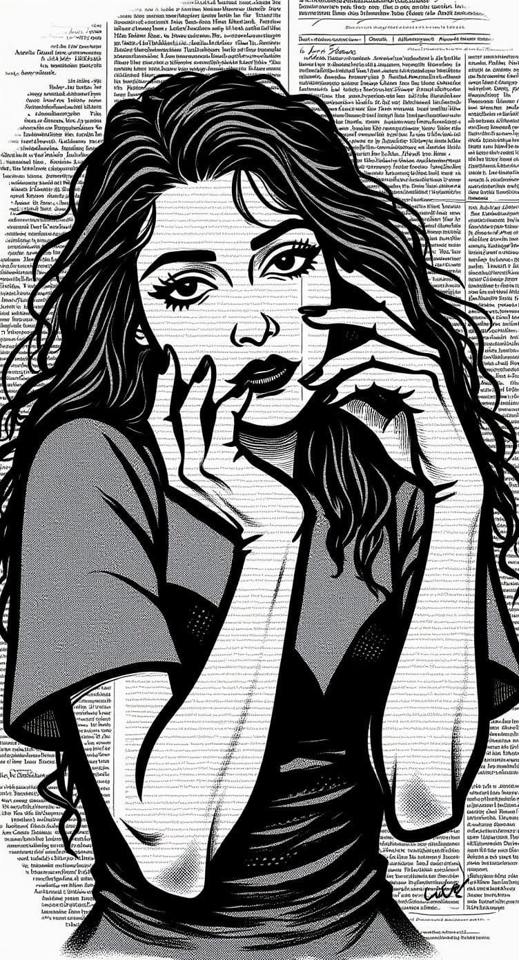 Monochrome Portrait in Ink Brushstrokes, Dramatic Chiaroscur...