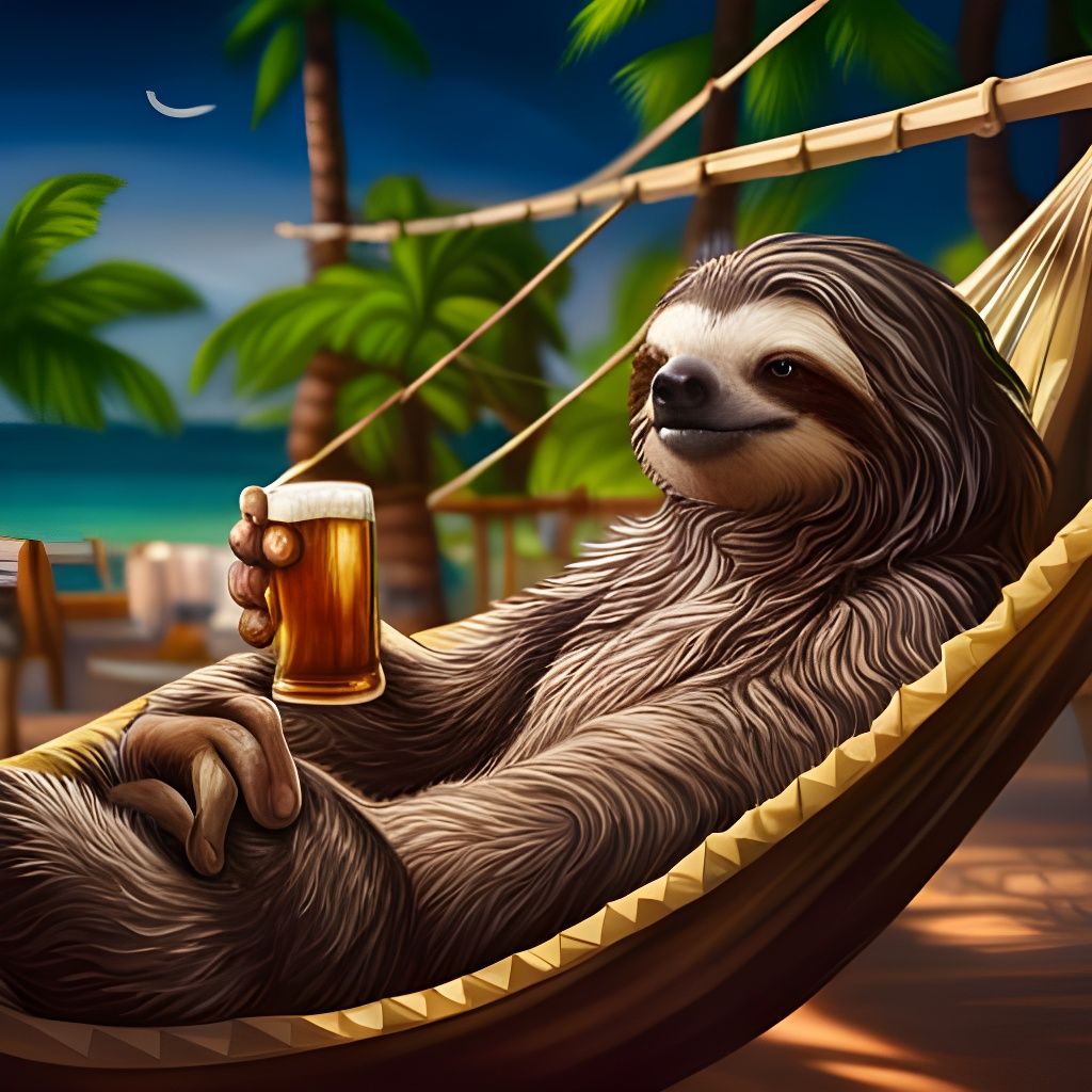 Sloth at Beach Bar in Hyperrealistic Splash Art