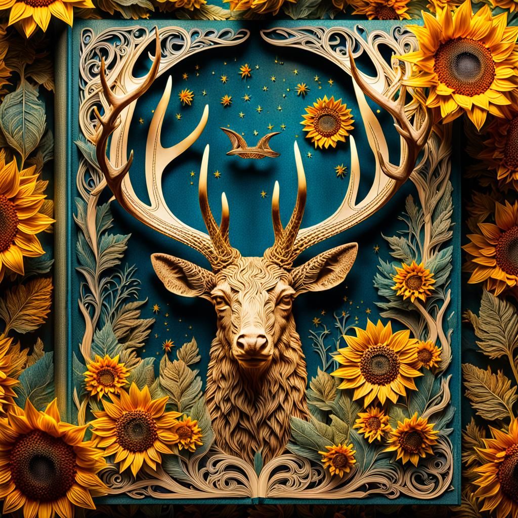 Volumetric Deer Amidst Sunflowers in Antique Book