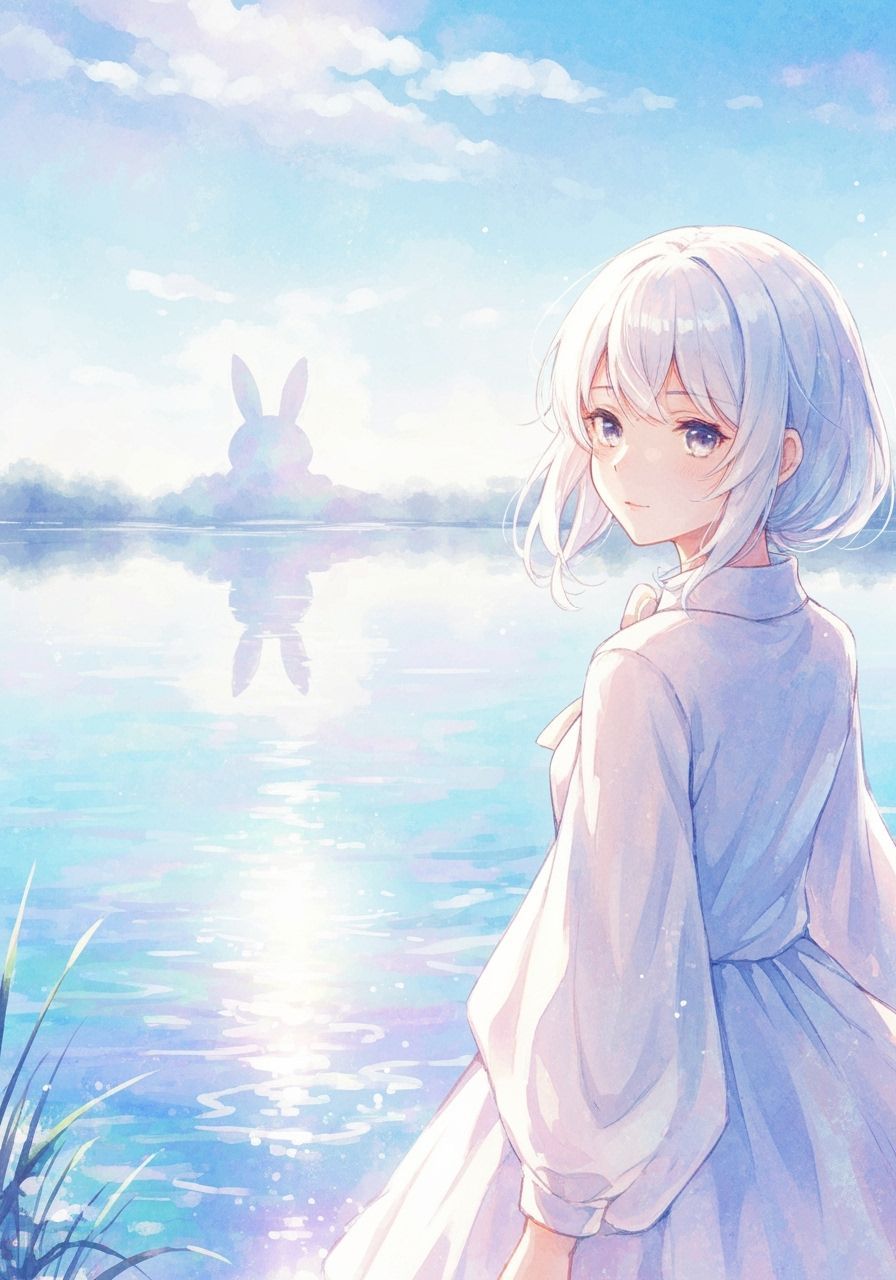 Anime Girl by Iridescent Lake in Dreamy Watercolor