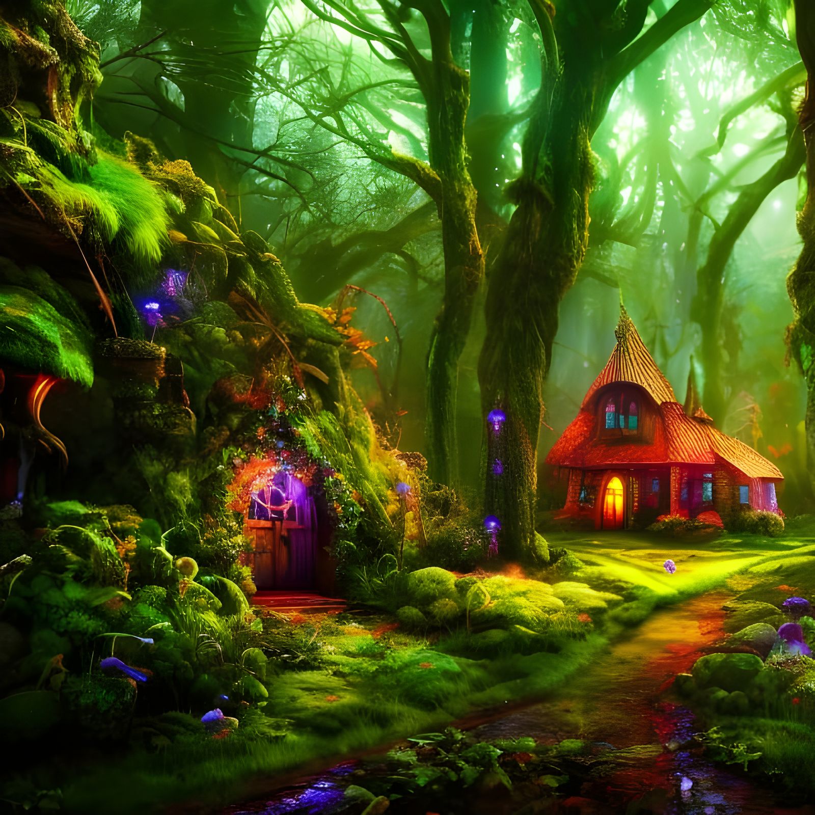 Faerie house in a Psychedelic fantasy forest, Hyperrealistic, splash art, concept art, mid shot, intricately detailed, c...