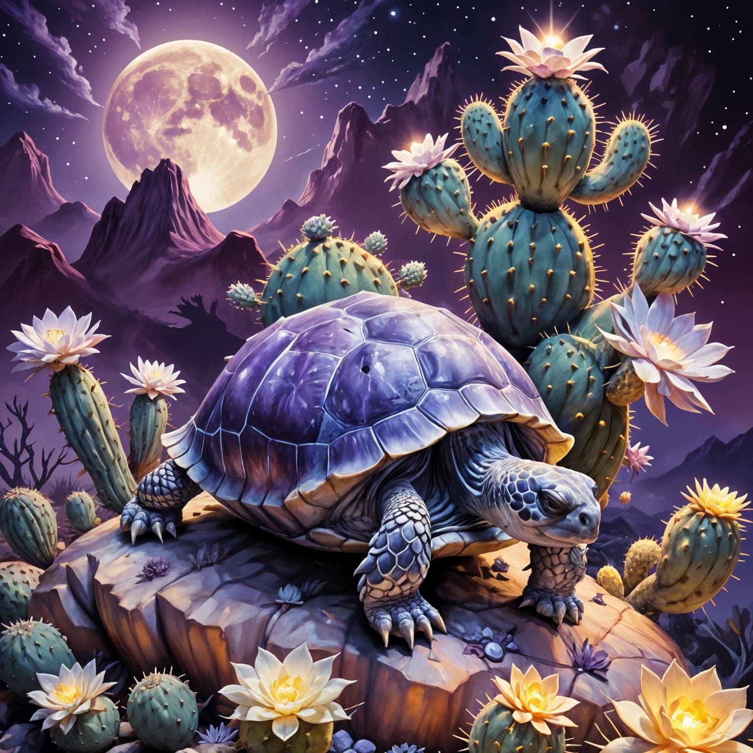 Surreal Purple Tortoise on Glowing Cactus Inside Moon
