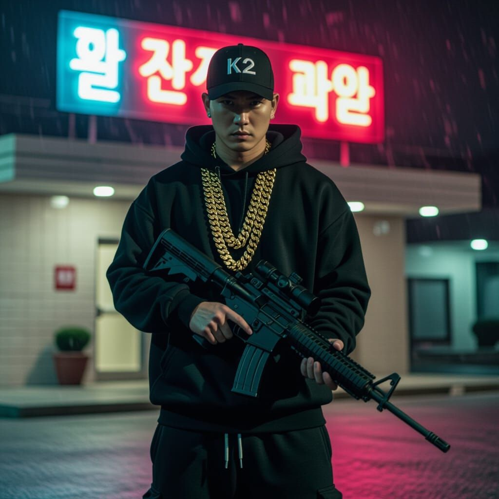 Korean Mobster with Rifle in Noir Motel Scene