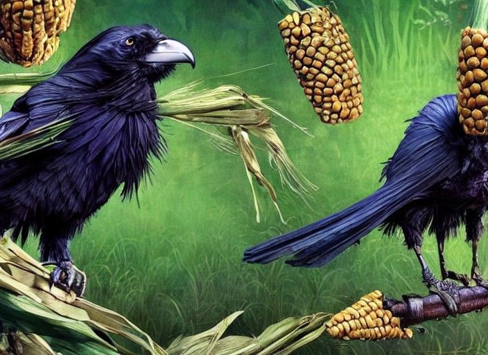 Raven Stealing Corn Cobs: Pixar Animation Style