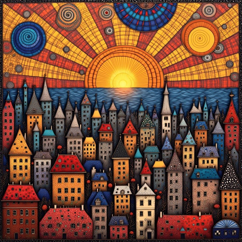 Surreal Cityscape in Zentangle-Inspired, Dreamlike Style