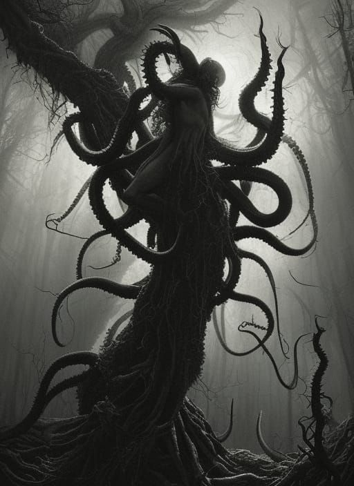Tentacled Horror in Moonlight, Charcoal Drawing