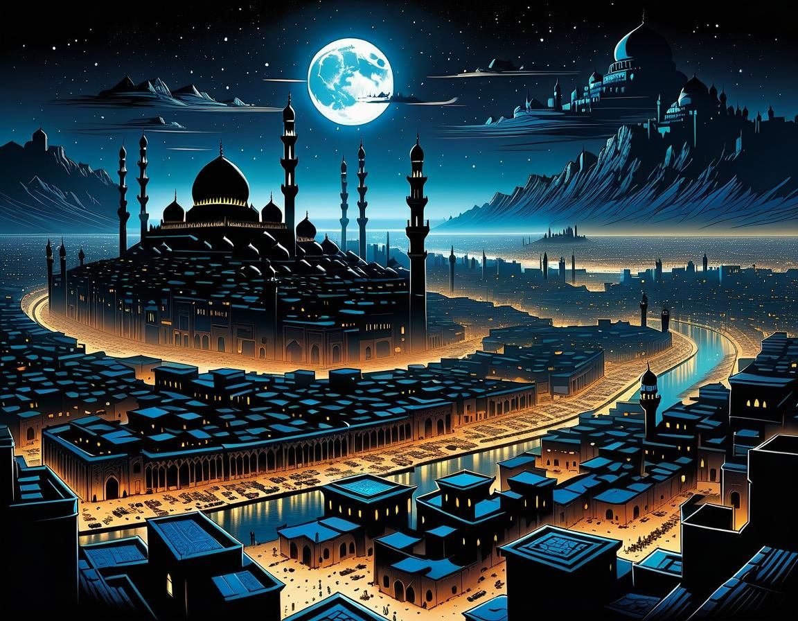 Arabian City Silhouette in Comic Book Art Style