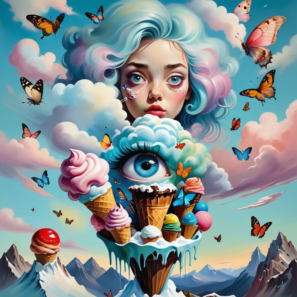 Surrealist Woman with Enormous Eye on Ice Cream Mountain