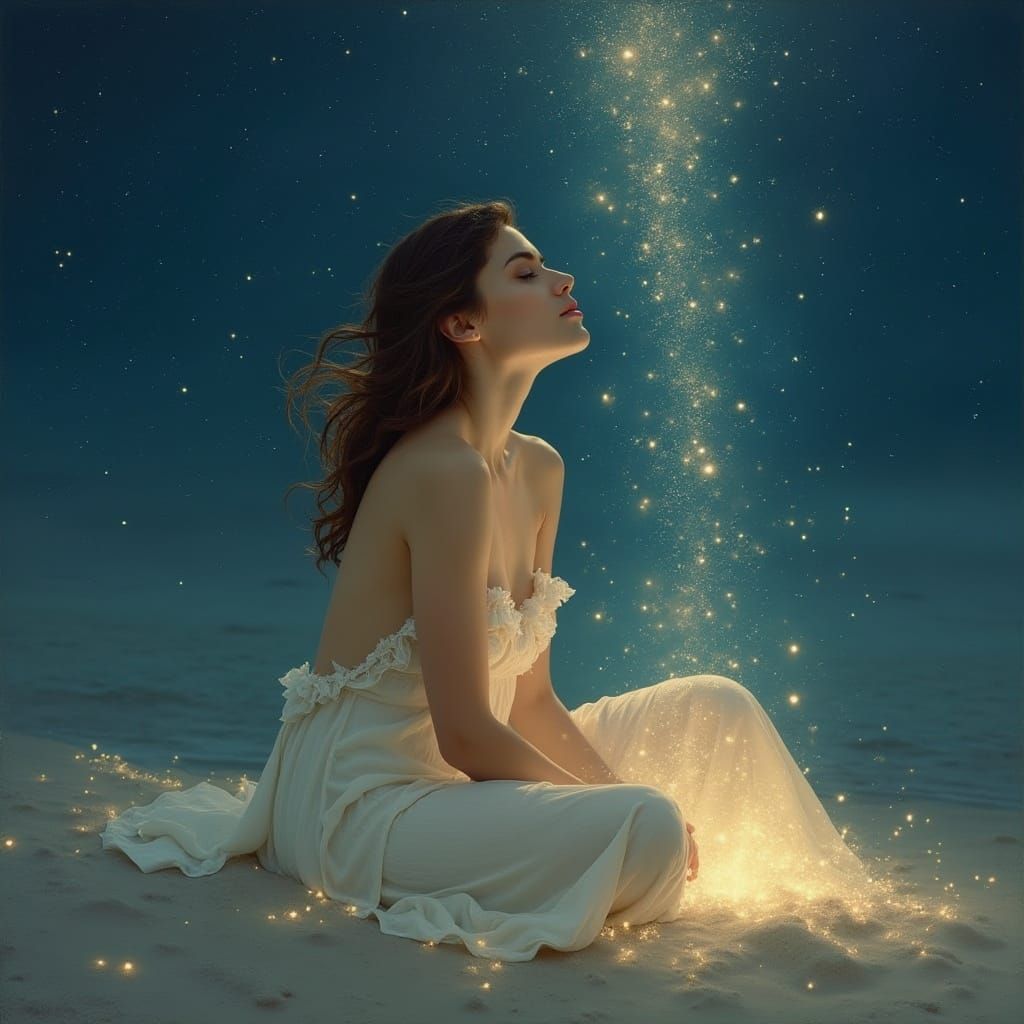Elegant Woman Contemplates the Night Sky in Soft, Ethereal L...