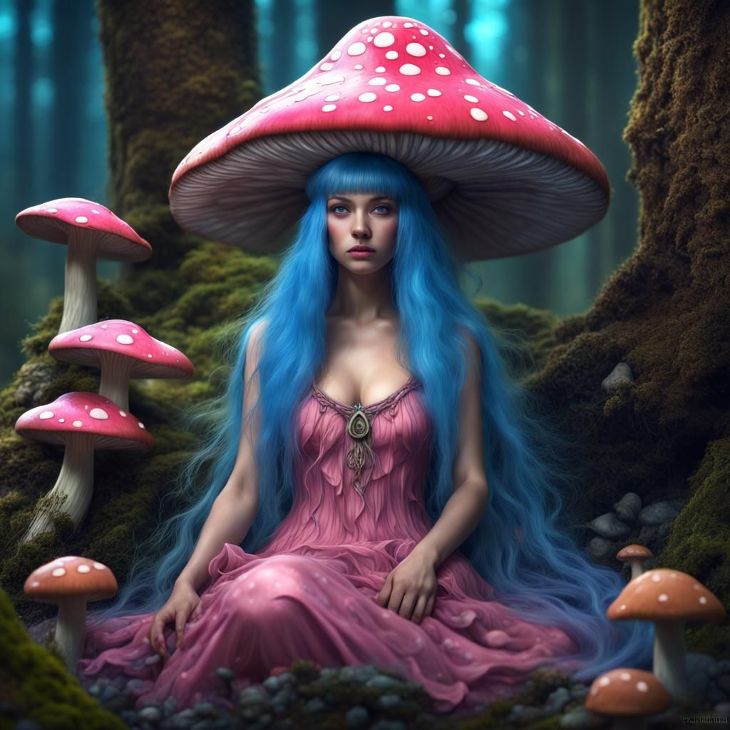 Fairy in Mushroom Fairyland with Bioluminescent Forest