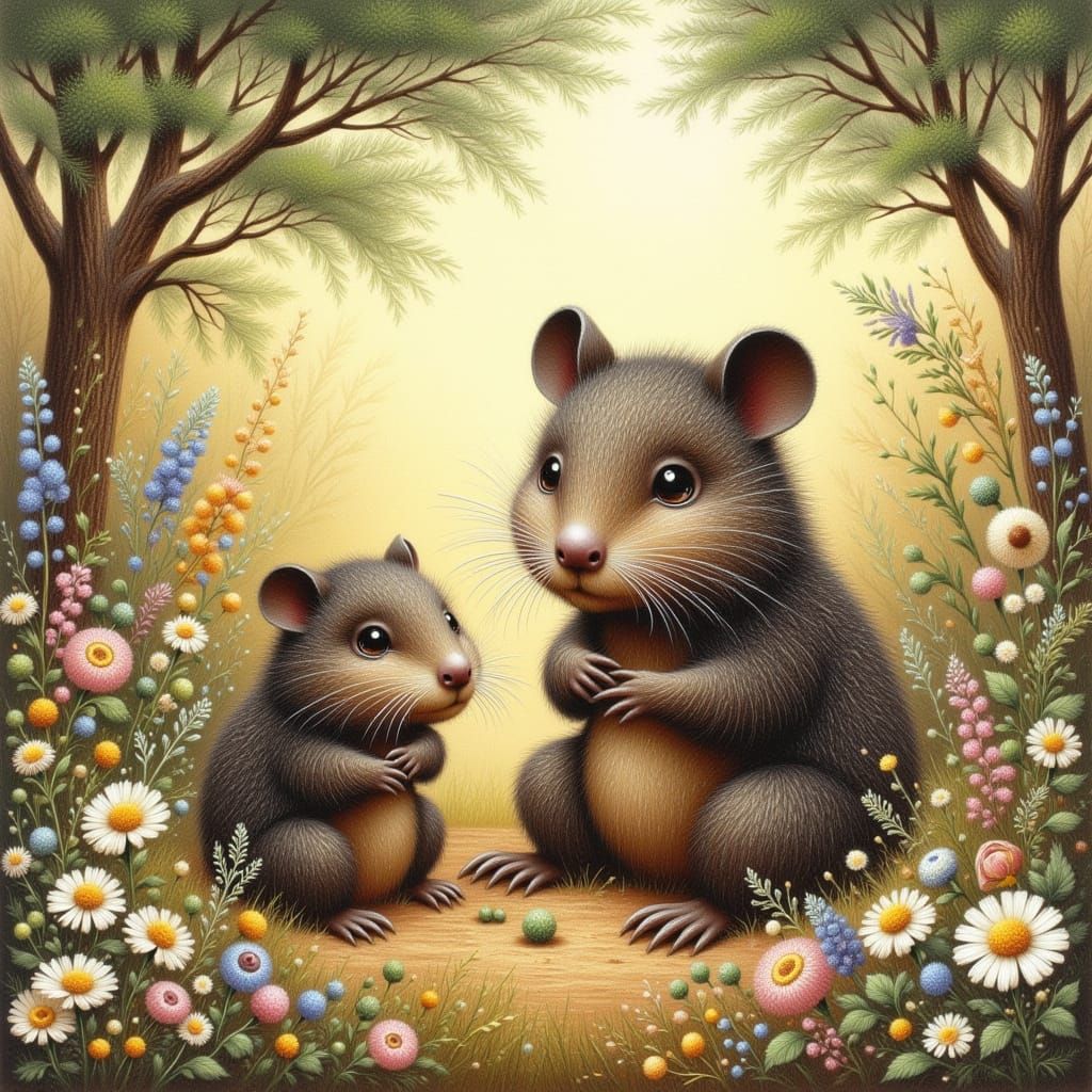 Wombat Family in Outback, Storybook Illustration Style
