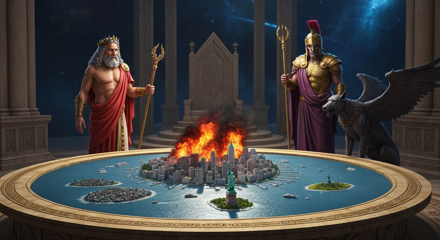 Zeus and Hades Behold a Burning Manhattan