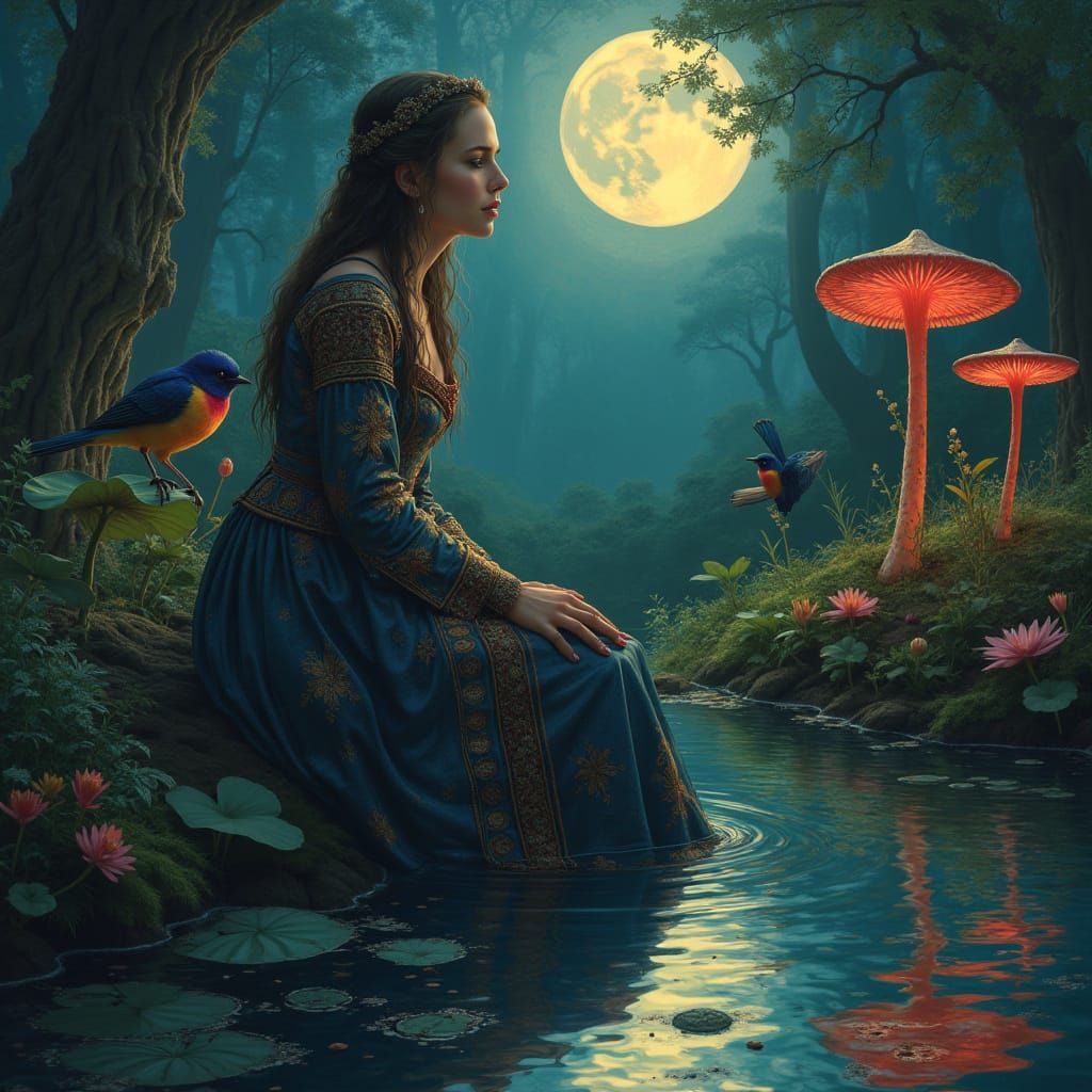 Medieval Woman Mourning by Forest Pond