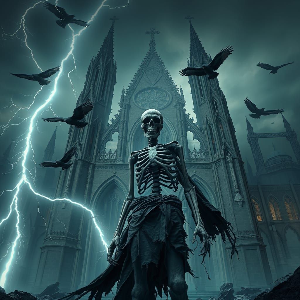 Skeletal Figure Before Gothic Cathedral in Dark Fantasy Styl...