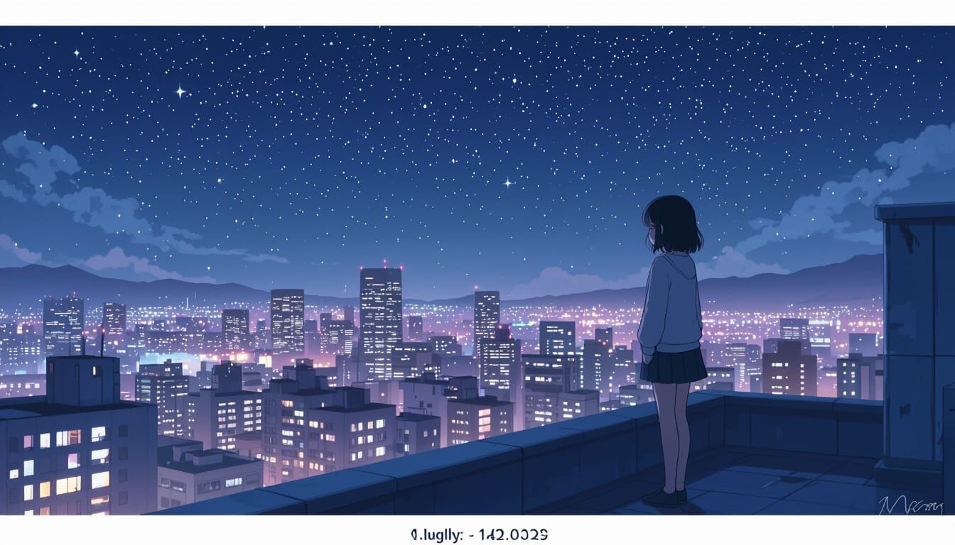 Lofi Anime Girl Rooftop Scene at Night