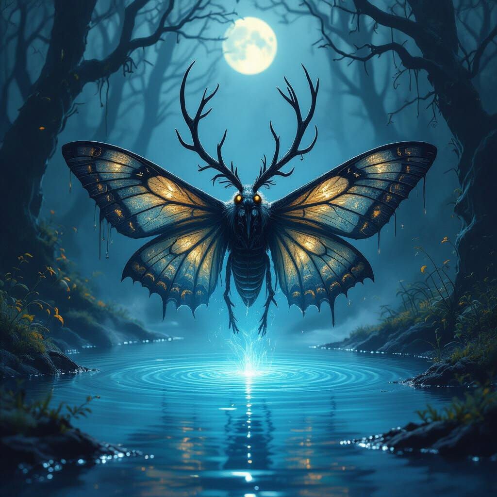 Skeletal Moth Deity Emerges from Blue Water