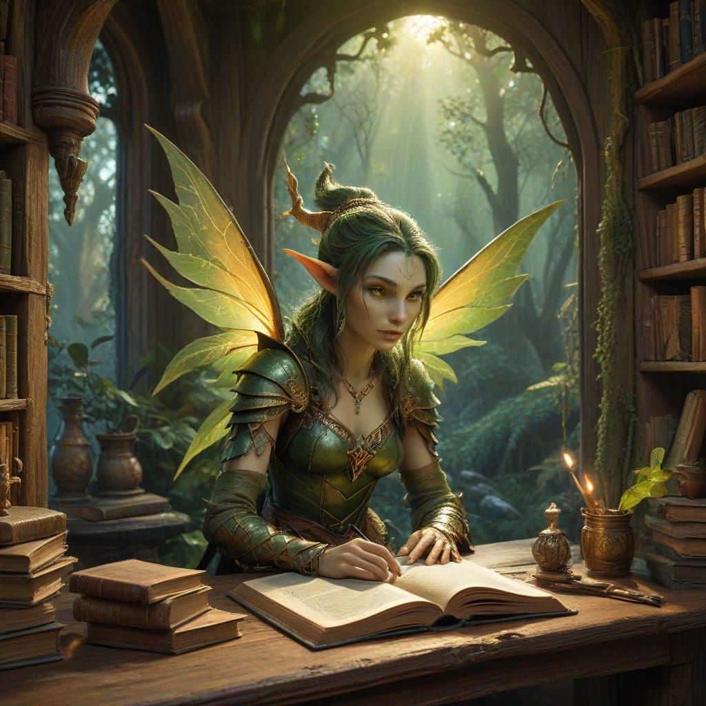 Elegant Elf and Ogre Engrossed in Ancient Tomes in a Rustic ...